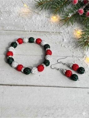 Sparkling Red, White & Green Crystal Bead Bracelet 7 inch Holiday Bracelet Set